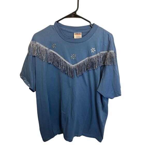 Vintage Light Blue Western Fringe T-Shirt Rhinestone Women’s XL Cowboy Rodeo - Picture 1 of 7